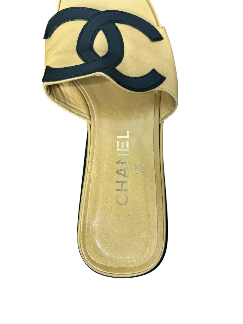 Chanel CC Logo Slide Sandals 37.5 Beige Black Leather Flat Mules Luxury Designer